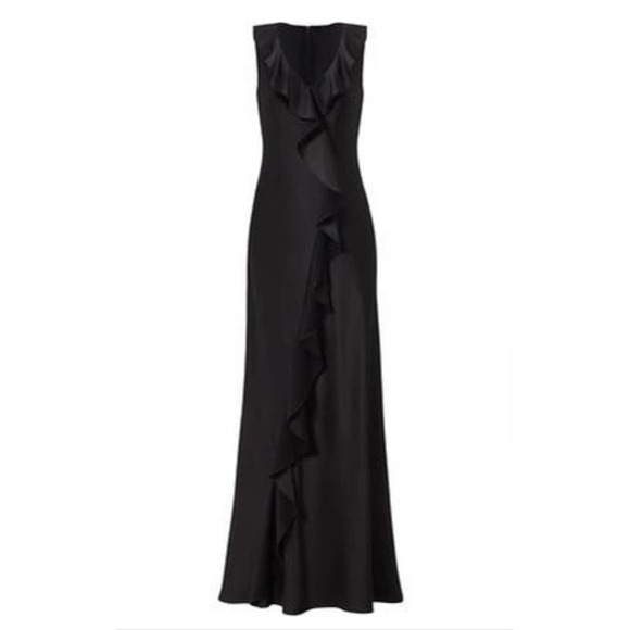 Aidan Mattox Black Satin Ruffle Front Sleeveless Maxi Dress 2 - Picture 7 of 13